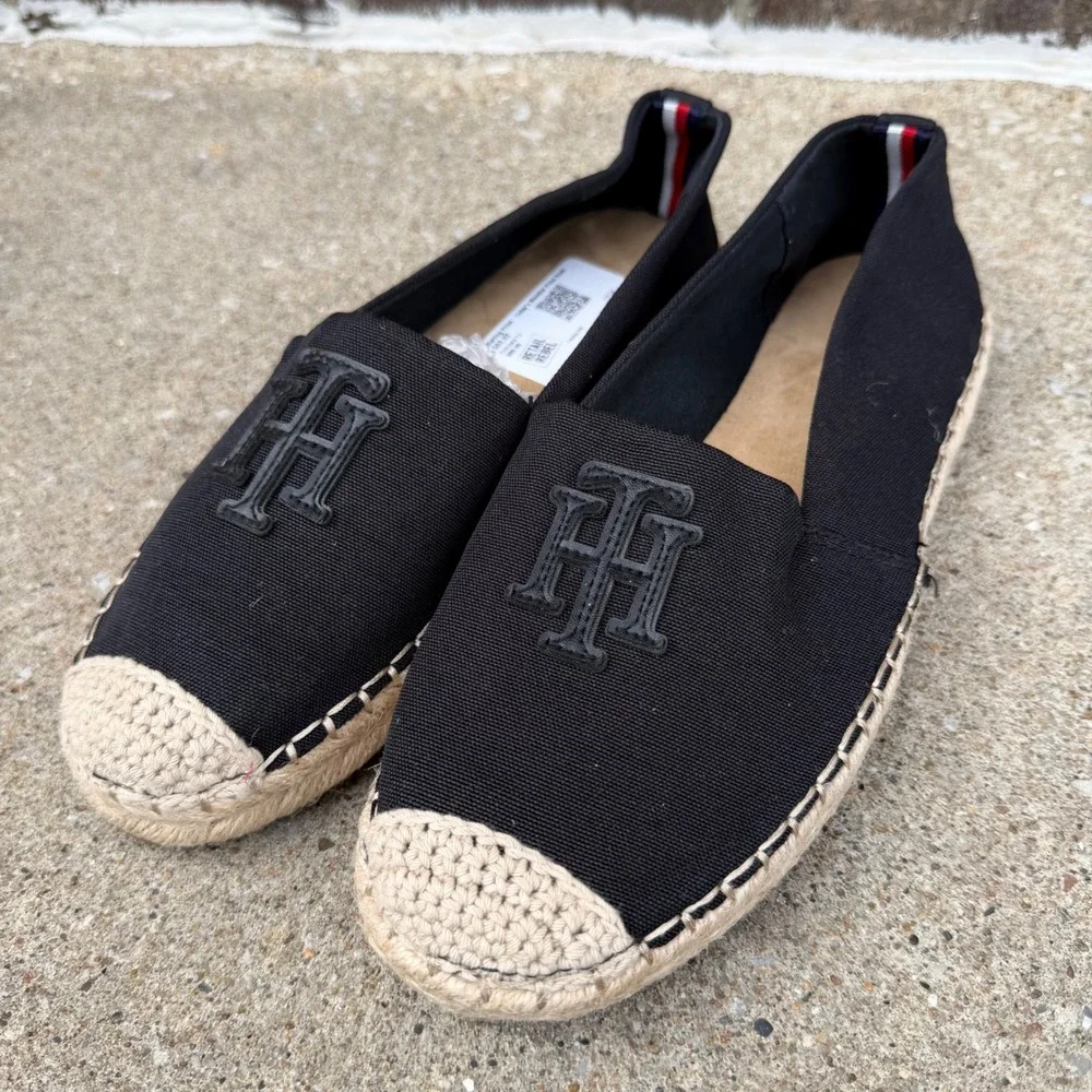 Tommy Hilfiger Anni2 Women Sz 8.5M Black Canvas Espadrille Logo Flats